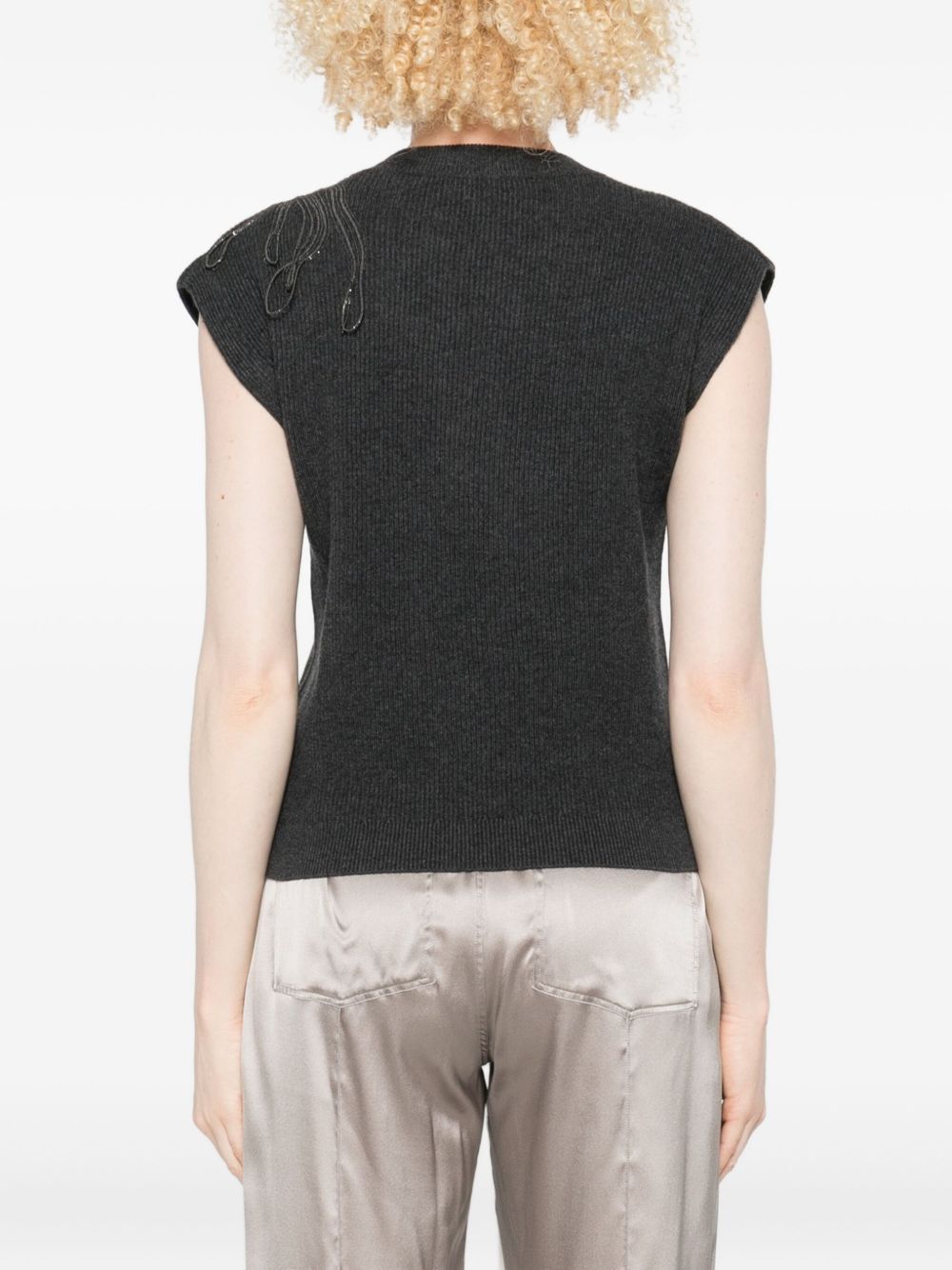 BRUNELLO CUCINELLI Cashmere Ribbed Tank Top with Shoulder Embellishment