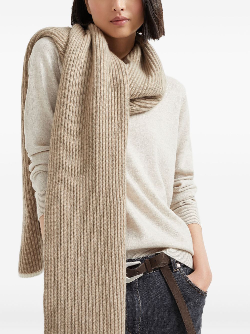 BRUNELLO CUCINELLI Cashmere Scarf with Ribbed Knit and Decorative Edge