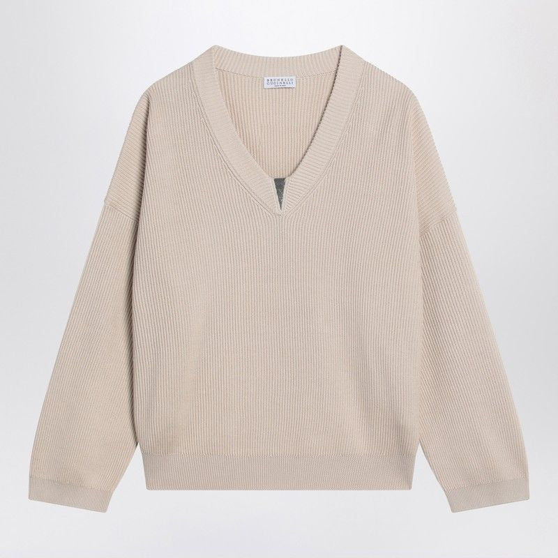BRUNELLO CUCINELLI Elegant Cotton Sweater with V-Neck Detail for Women