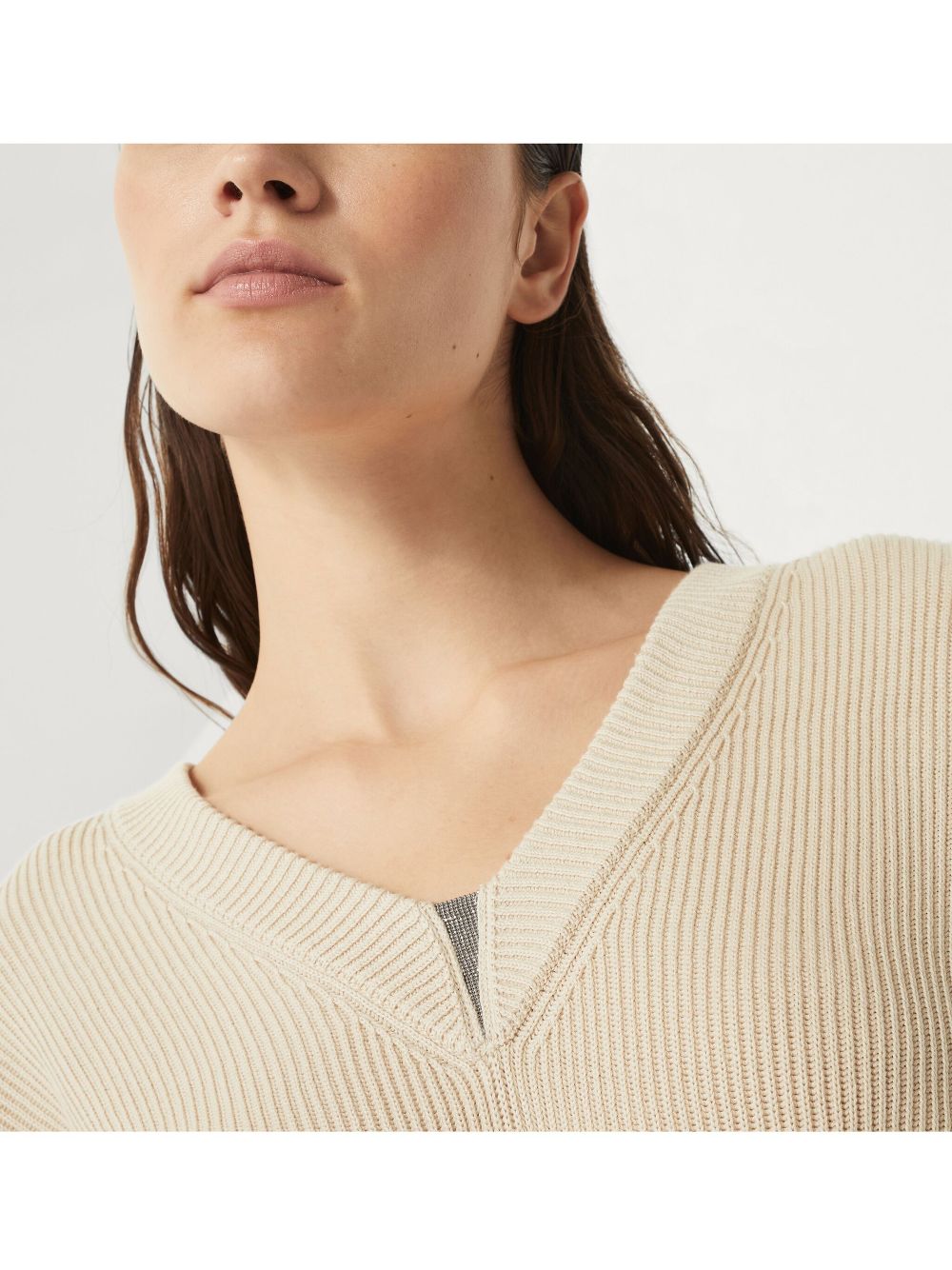 BRUNELLO CUCINELLI Cotton Rib Sweater with Shiny Detail