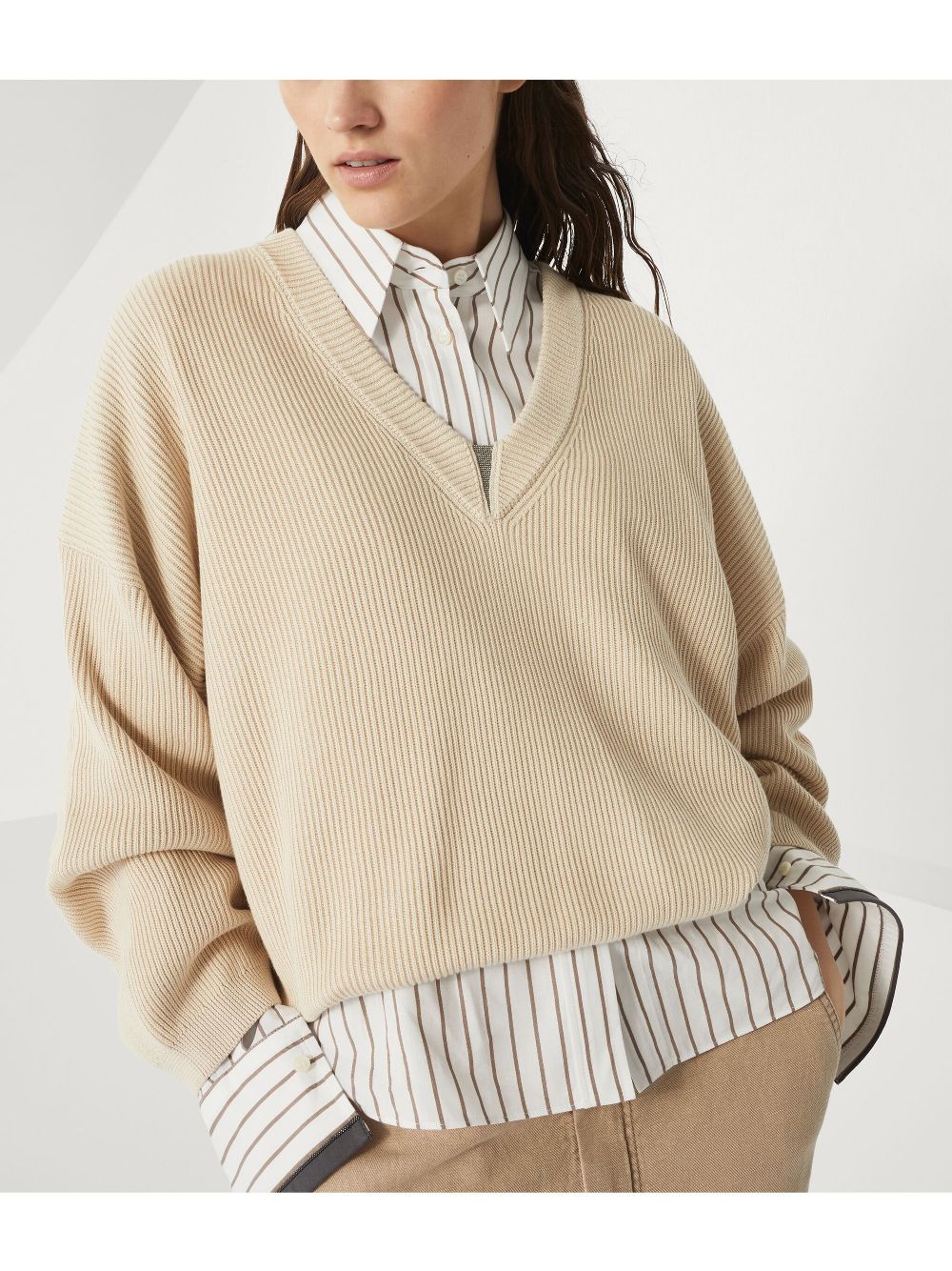 BRUNELLO CUCINELLI Cotton Rib Sweater with Shiny Detail