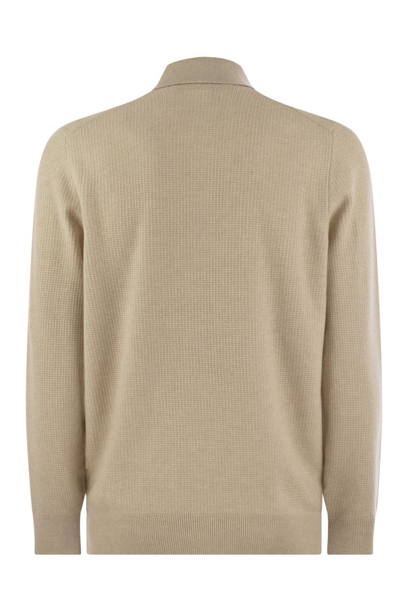 BRUNELLO CUCINELLI Waffle Stitch Cashmere Knit Polo Shirt with Long Sleeves