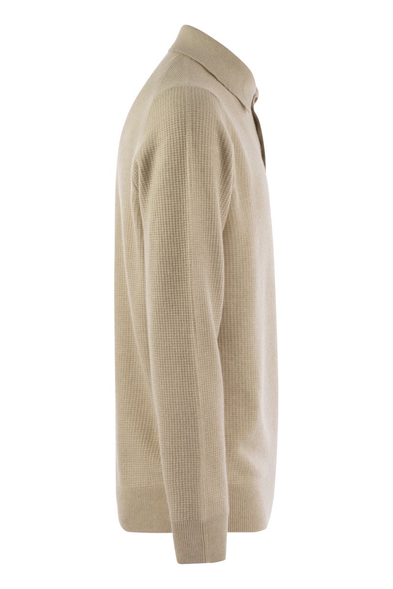 BRUNELLO CUCINELLI Waffle Stitch Cashmere Knit Polo Shirt with Long Sleeves