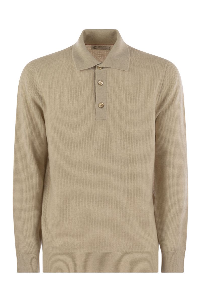 BRUNELLO CUCINELLI Waffle Stitch Cashmere Knit Polo Shirt with Long Sleeves