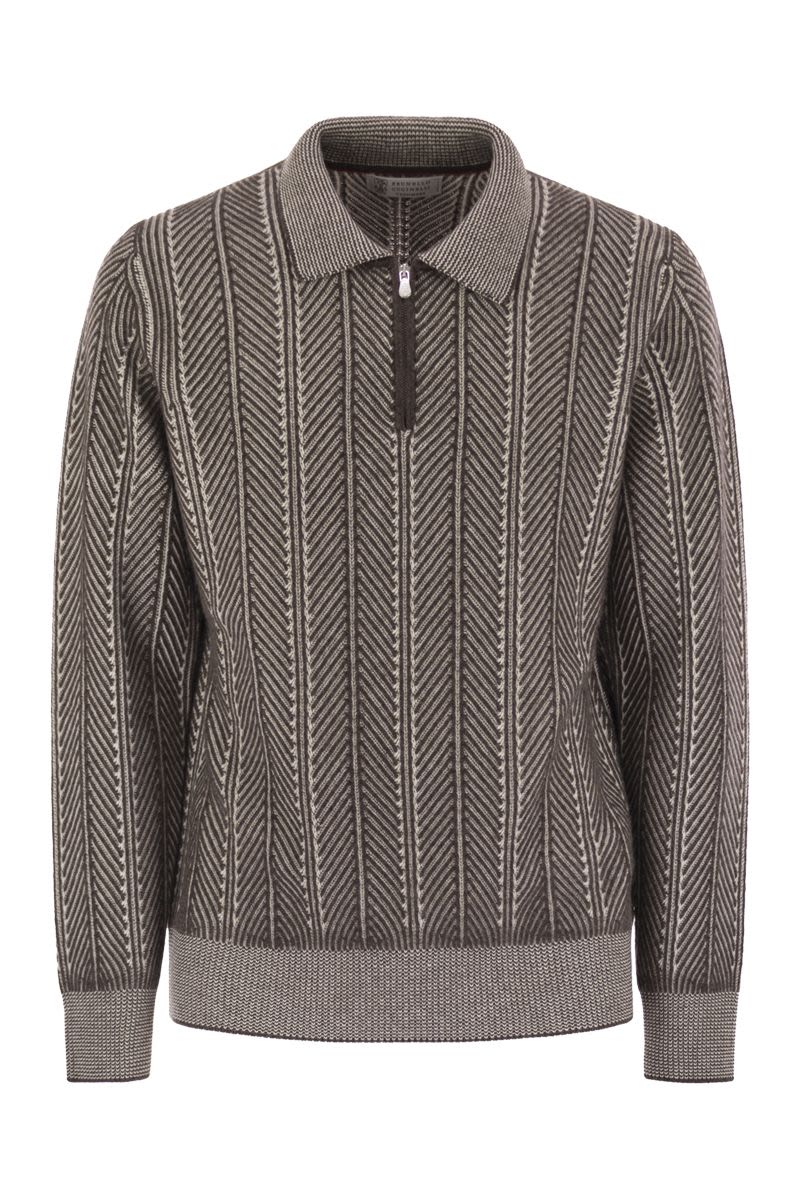 BRUNELLO CUCINELLI Chevron Cashmere Sweater with Polo Neck and Zip Opening for Men