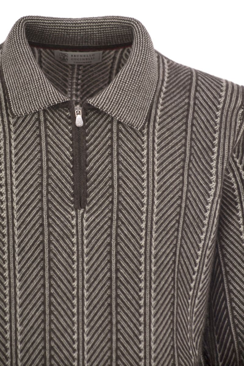 BRUNELLO CUCINELLI Chevron Cashmere Sweater with Polo Neck and Zip Opening for Men