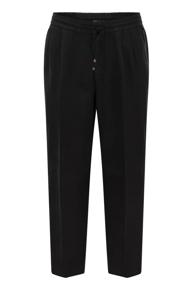 BRUNELLO CUCINELLI Leisure Fit Trousers in Garment-Dyed Linen Gabardine with Drawstring & Double Darts