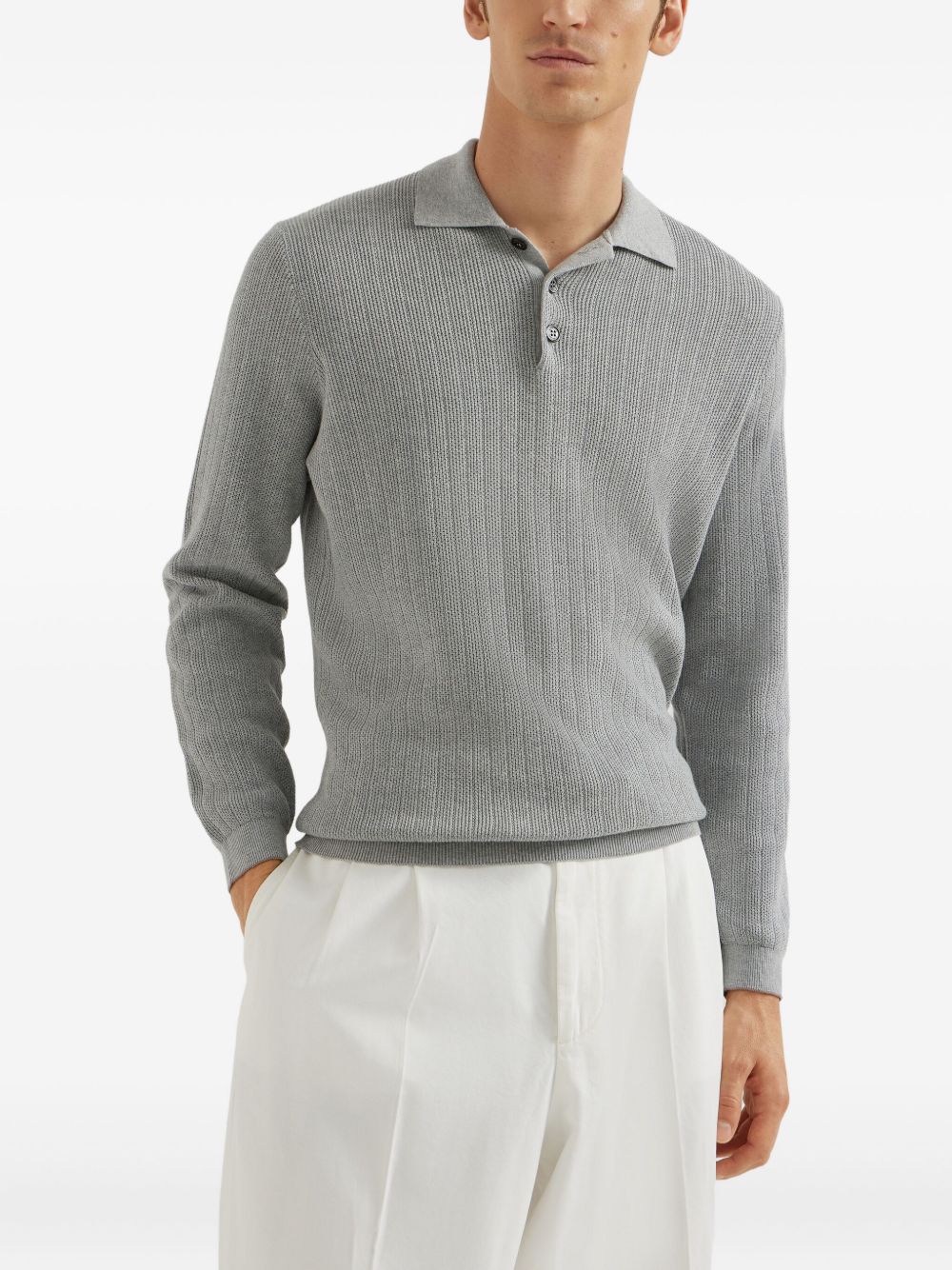 BRUNELLO CUCINELLI Cotton Knit Polo with Long Sleeves and Button Fastening