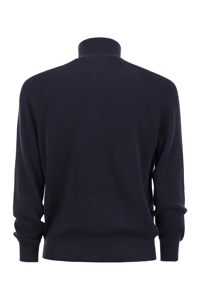 BRUNELLO CUCINELLI Cotton Rib Sweater with Zip Opening and Raglan Sleeve