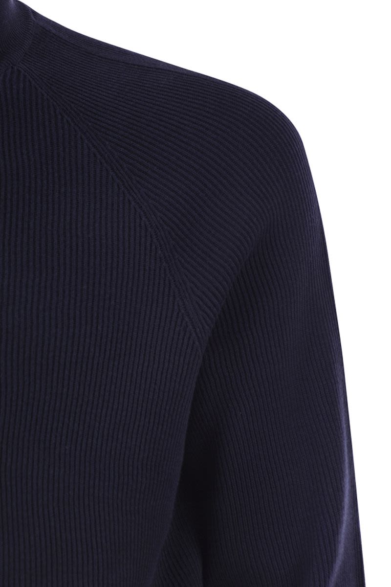 BRUNELLO CUCINELLI Cotton Rib Sweater with Zip Opening and Raglan Sleeve