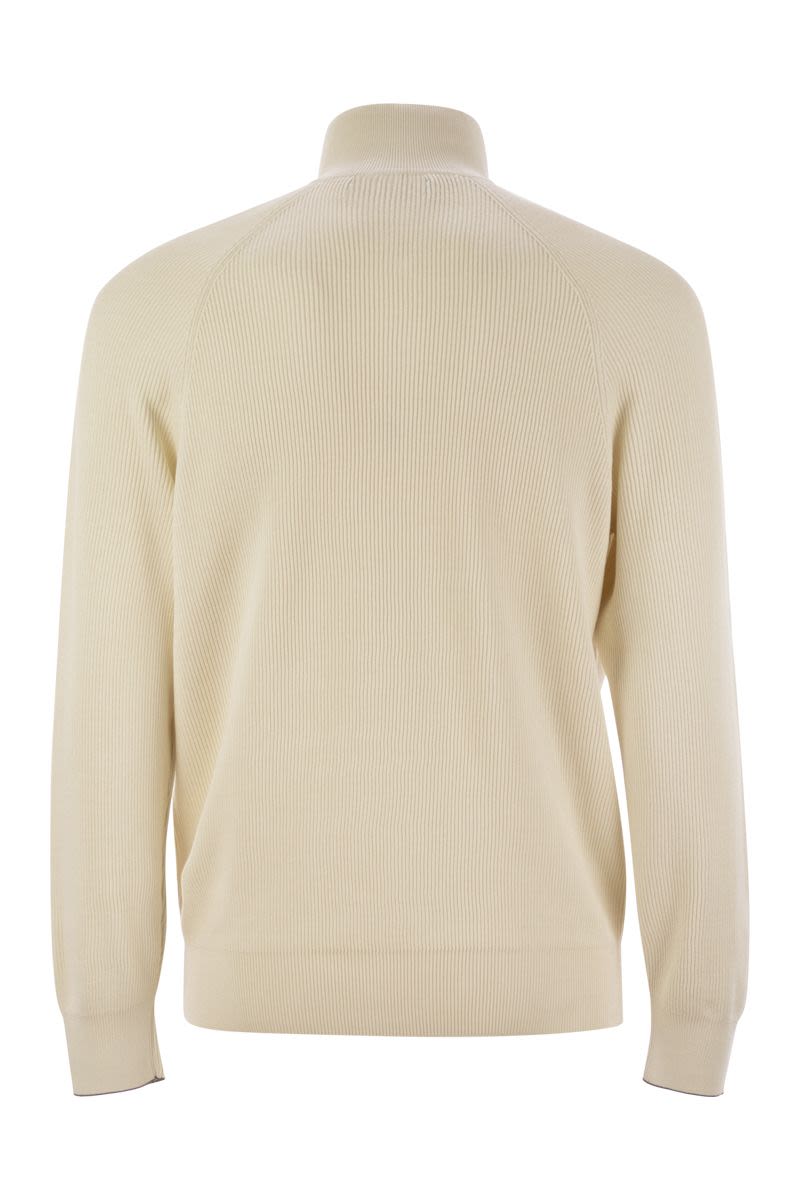 BRUNELLO CUCINELLI Cotton Rib Sweater with Zip Opening and Raglan Sleeve