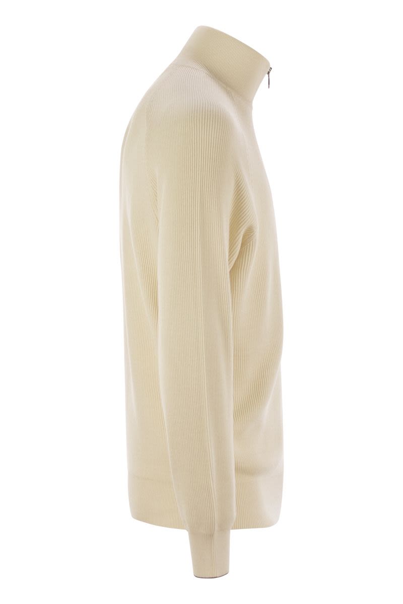 BRUNELLO CUCINELLI Cotton Rib Sweater with Zip Opening and Raglan Sleeve