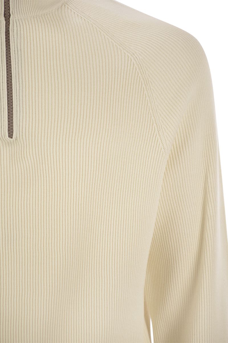 BRUNELLO CUCINELLI Cotton Rib Sweater with Zip Opening and Raglan Sleeve