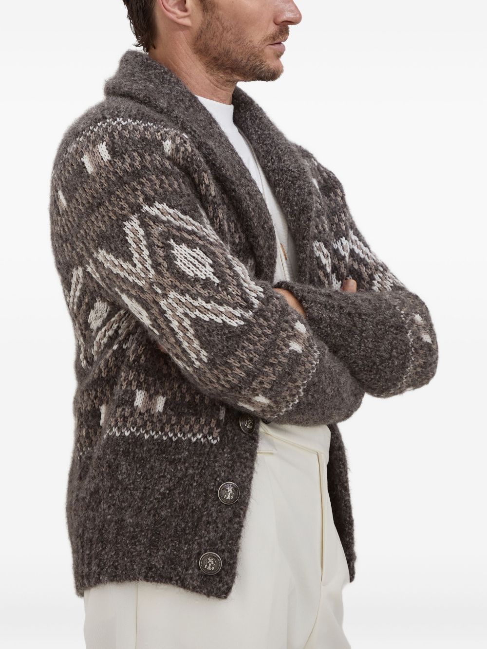 BRUNELLO CUCINELLI Geometric Jacquard Cardigan for Men in Alpaca, Virgin Wool and Cashmere