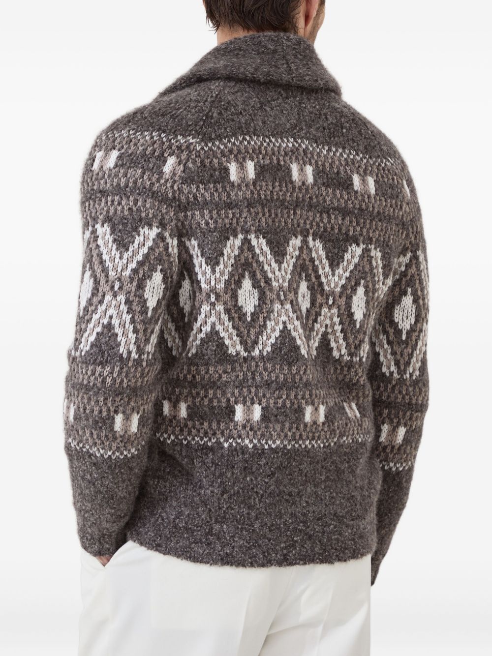 BRUNELLO CUCINELLI Geometric Jacquard Cardigan for Men in Alpaca, Virgin Wool and Cashmere