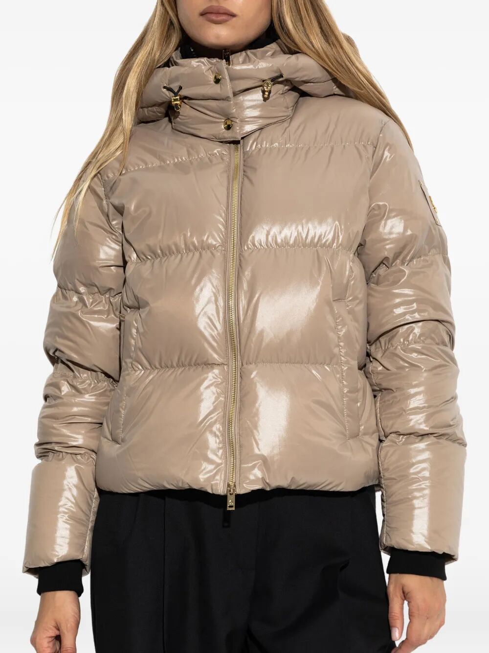 MOOSE KNUCKLES Detachable Hood Shiny Shell Down Jacket for Women