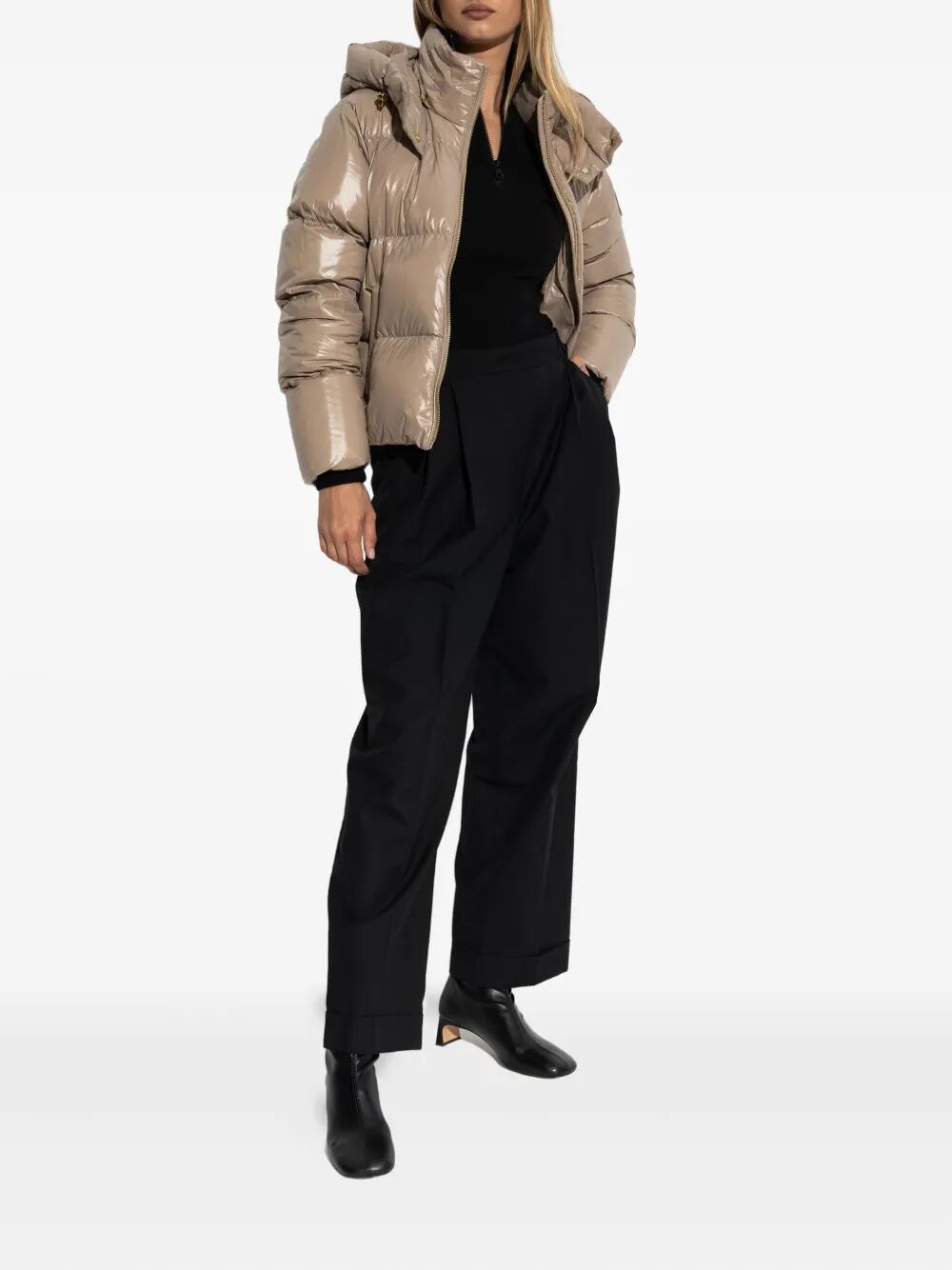 MOOSE KNUCKLES Detachable Hood Shiny Shell Down Jacket for Women