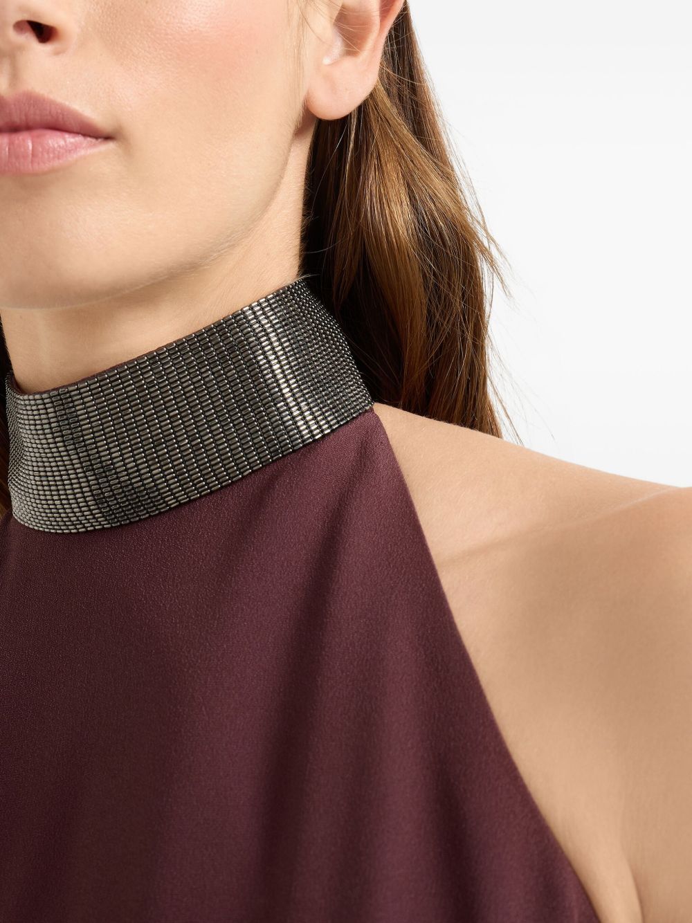 BRUNELLO CUCINELLI Silk Blend Maxi Dress with Embellished Neckline