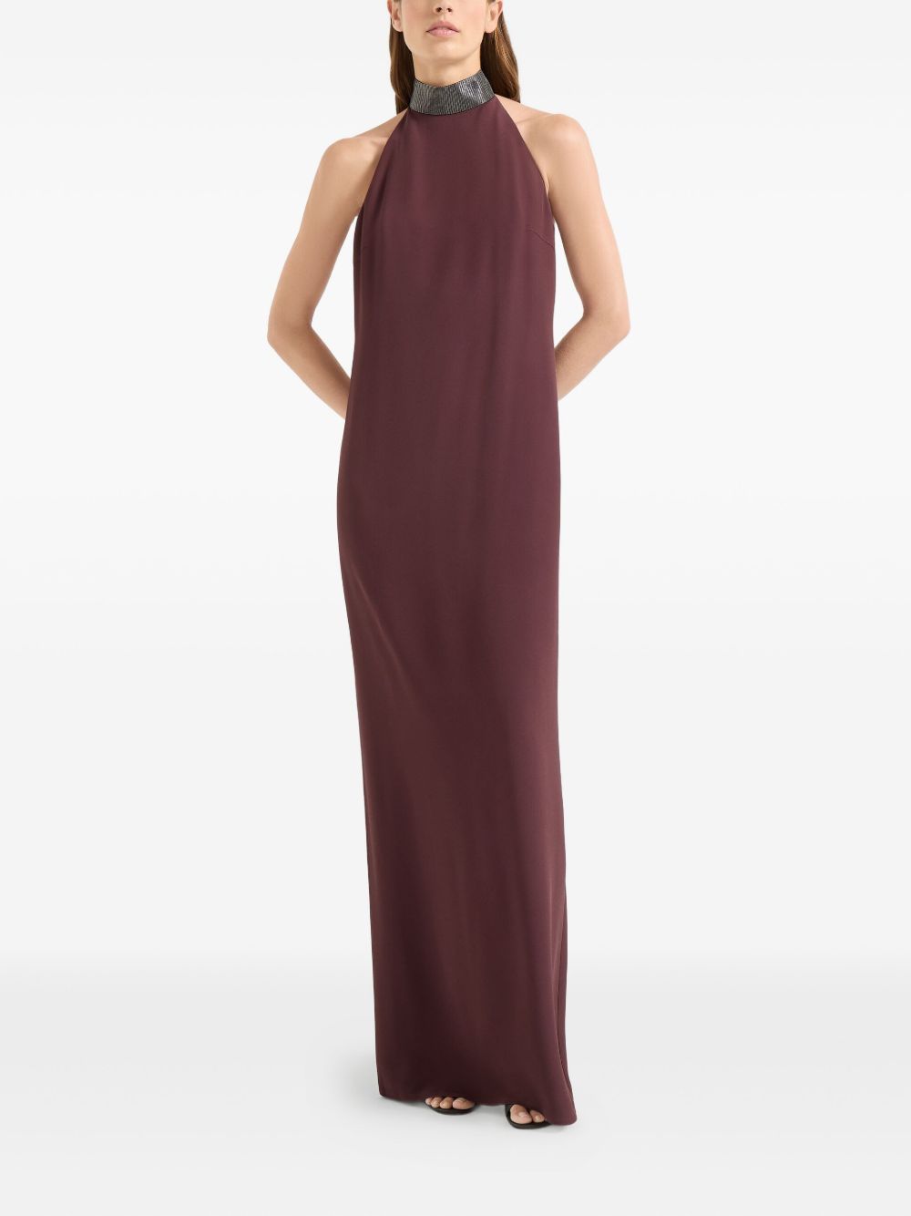 BRUNELLO CUCINELLI Silk Blend Maxi Dress with Embellished Neckline