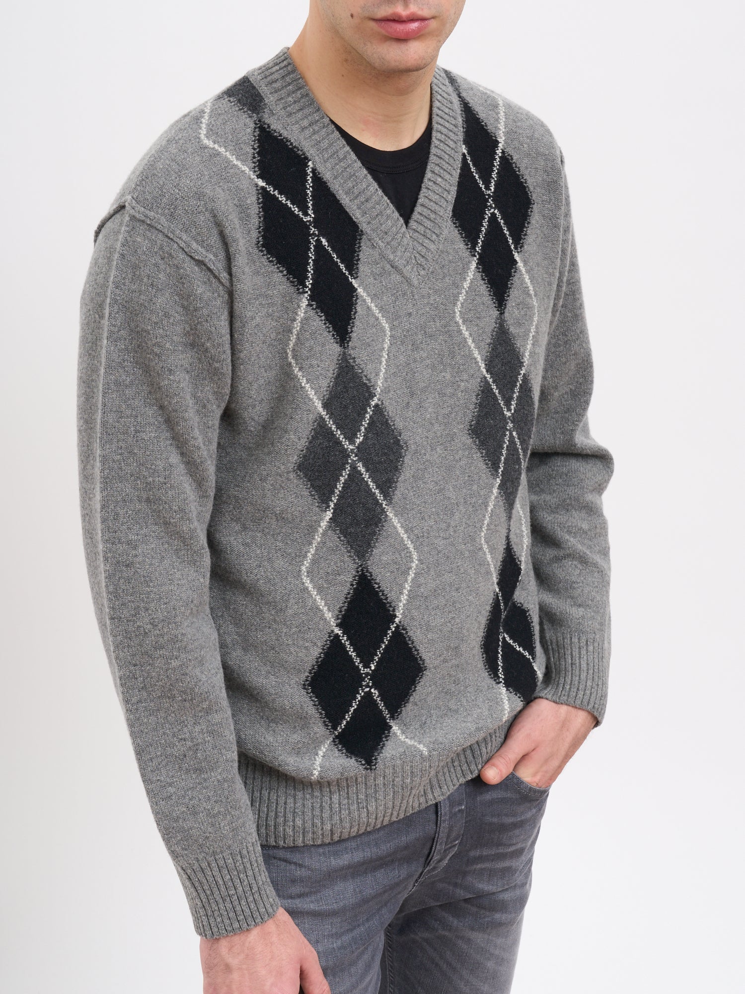 PAOLO PECORA Checkered Design Wool V-Neck Sweater - Size Medium