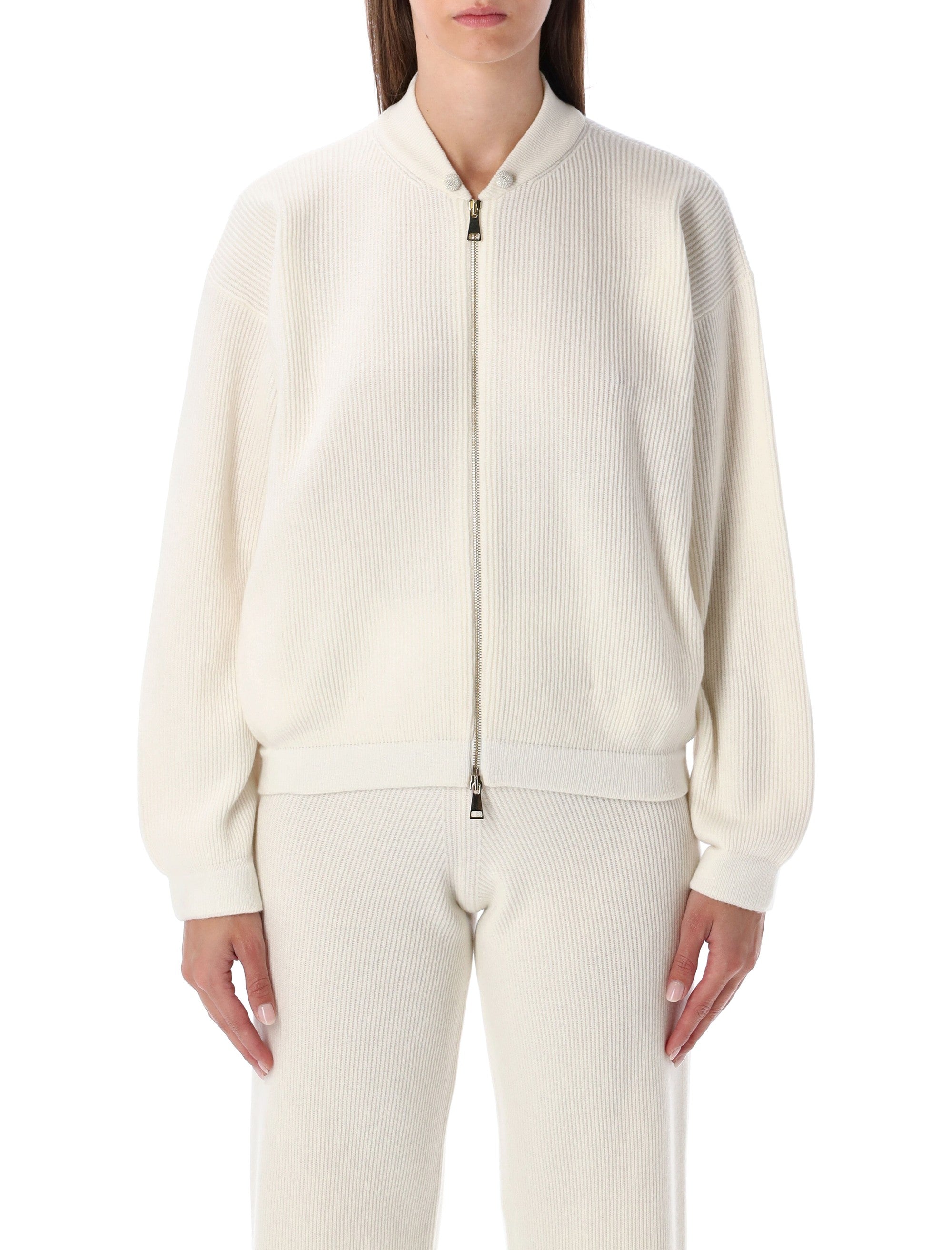 FABIANA FILIPPI Ivory Ribbed Knit Bomber Jacket Size 40