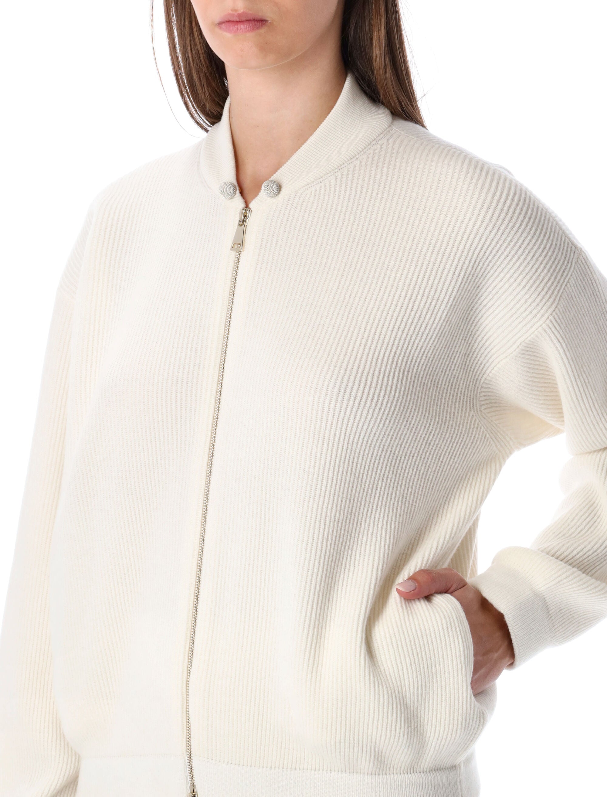 FABIANA FILIPPI Ivory Ribbed Knit Bomber Jacket Size 40