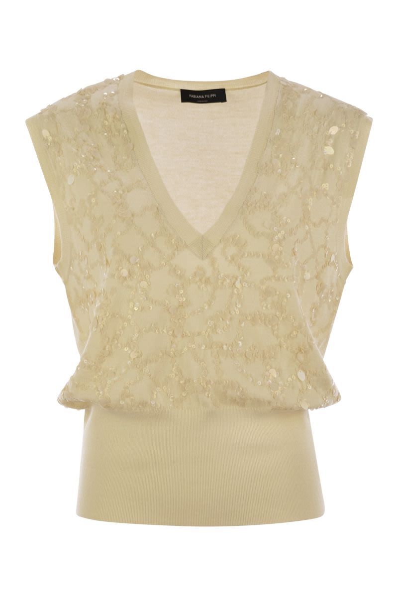FABIANA FILIPPI Slim Fit Wool and Cotton Sleeveless Waistcoat with Sequins