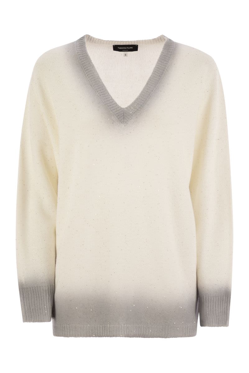 FABIANA FILIPPI V-Neck Cotton-Linen T-Shirt with Sequins