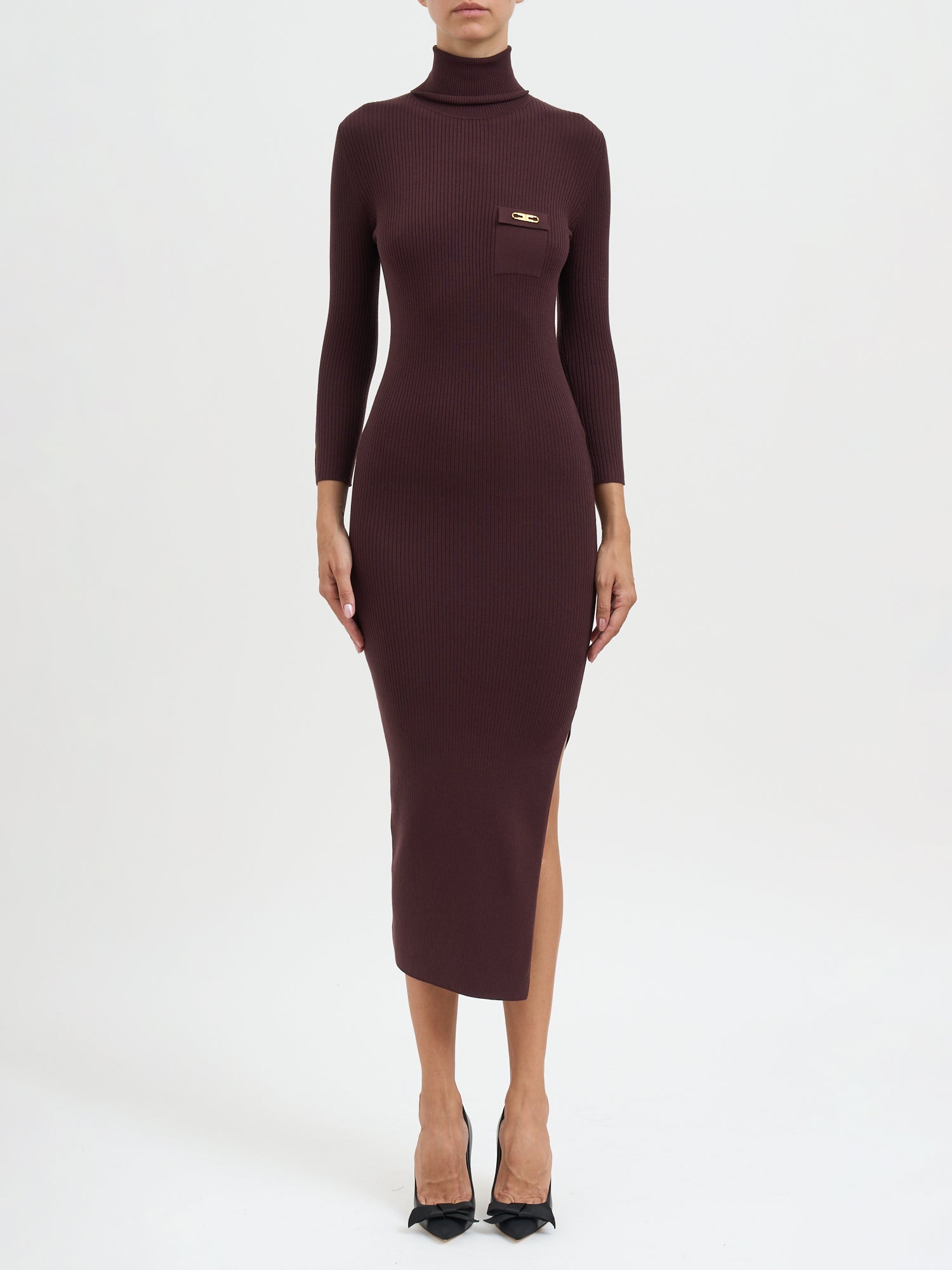 ELISABETTA FRANCHI Ribbed Knit Dress with Gold-Tone Logo Pocket - 125cm Length