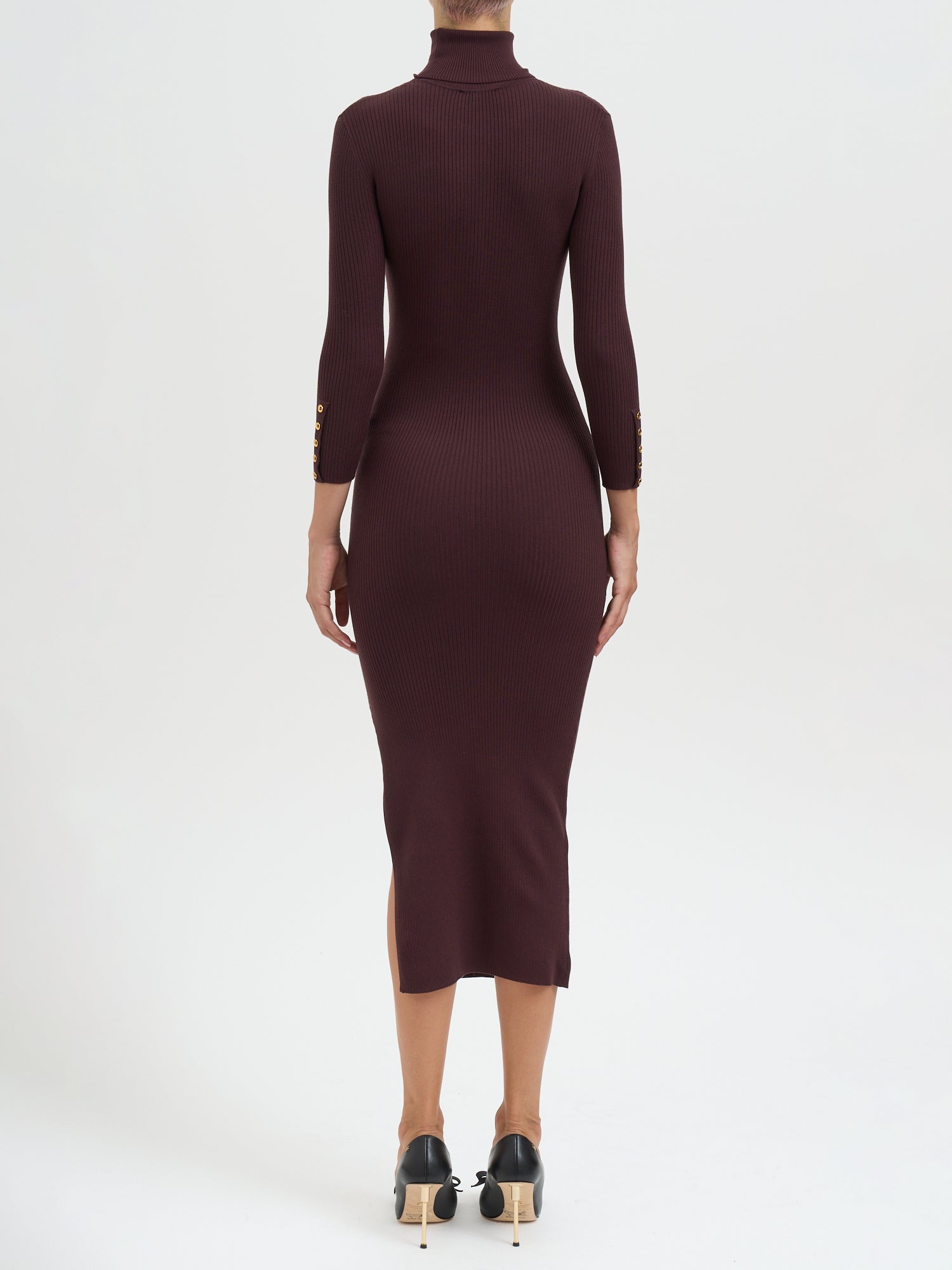 ELISABETTA FRANCHI Ribbed Knit Dress with Gold-Tone Logo Pocket - 125cm Length