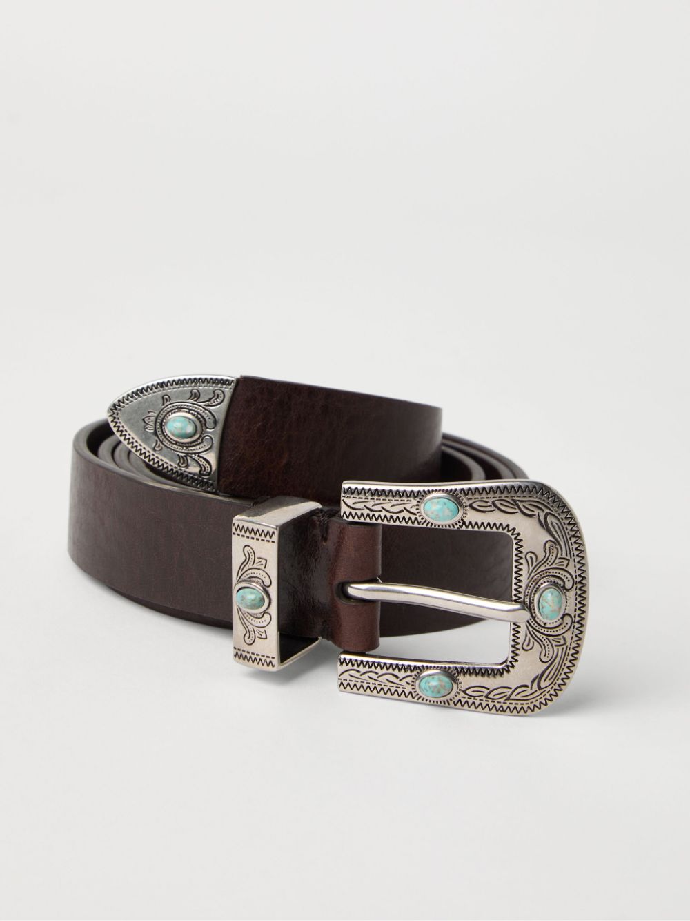 BRUNELLO CUCINELLI Men's Leather Belt with Turquoise Stone Detail