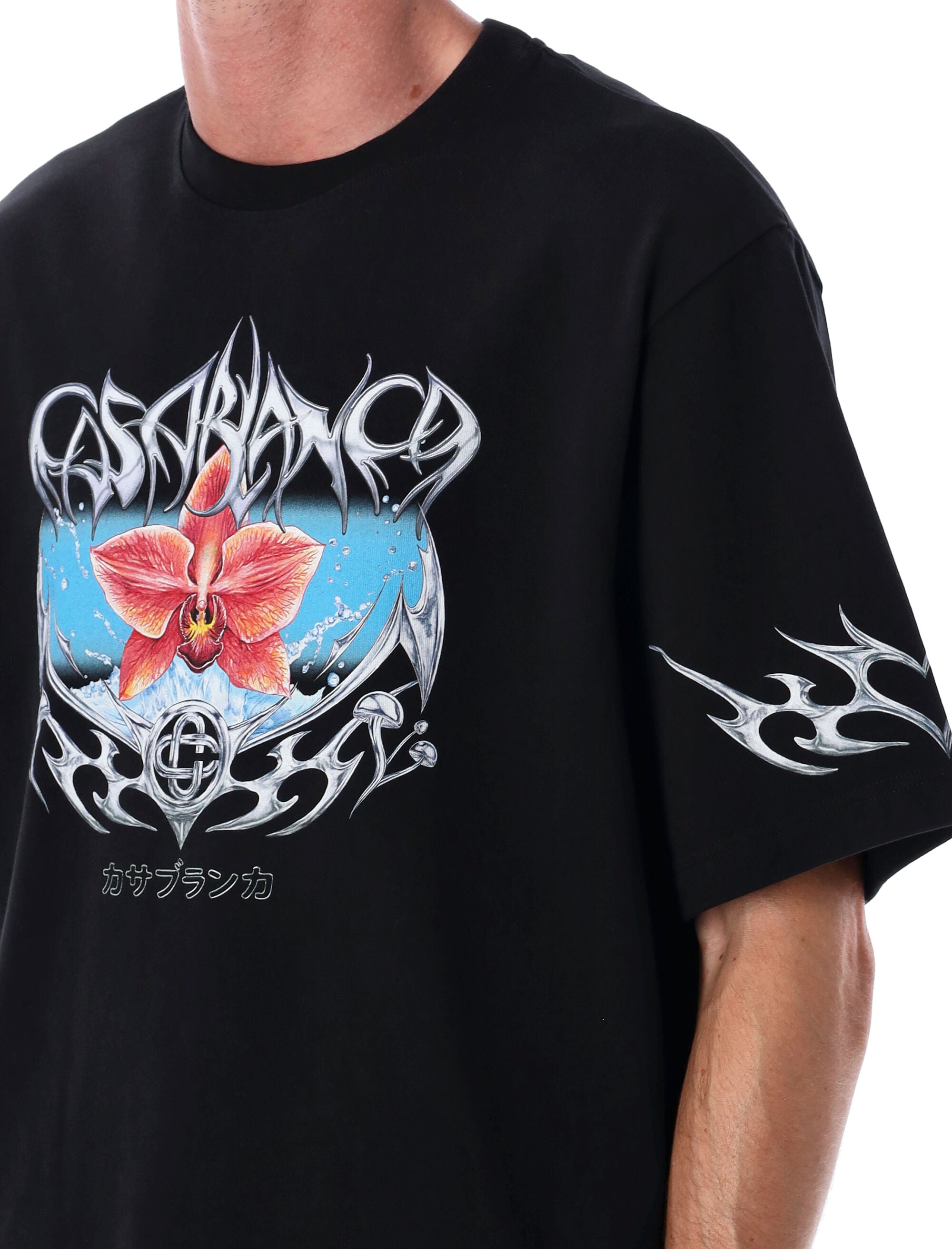 CASABLANCA Oversized Graphic T-Shirt with Blade and Floral Design - Size L