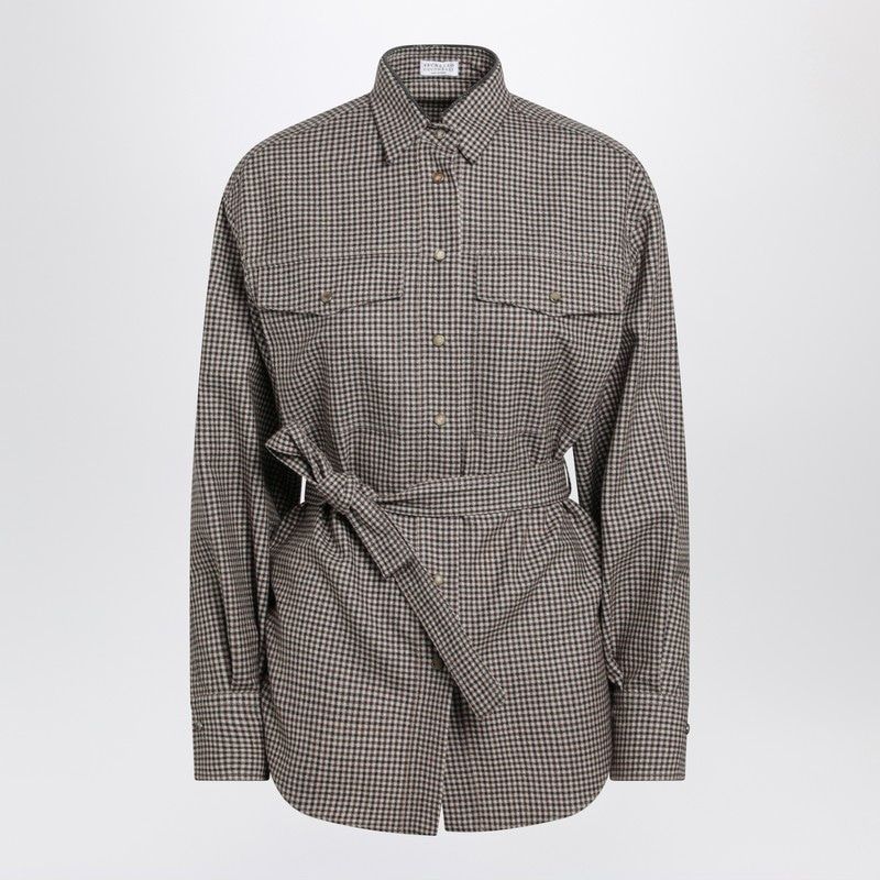 BRUNELLO CUCINELLI Checkered Shirt with Belt and Shiny Collar Detail