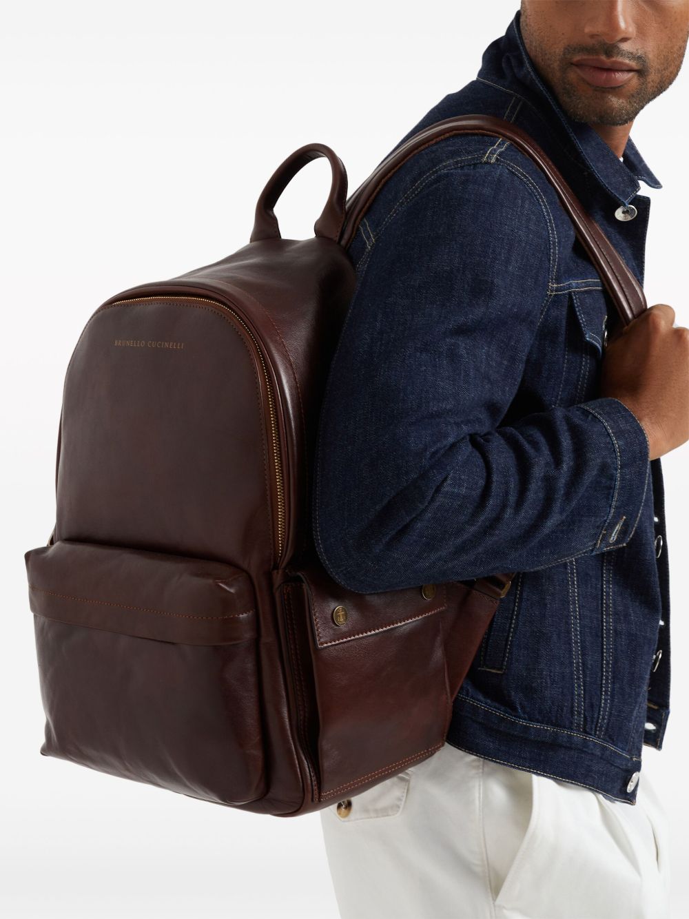 BRUNELLO CUCINELLI Leather Backpack with Adjustable Straps and Multiple Pockets