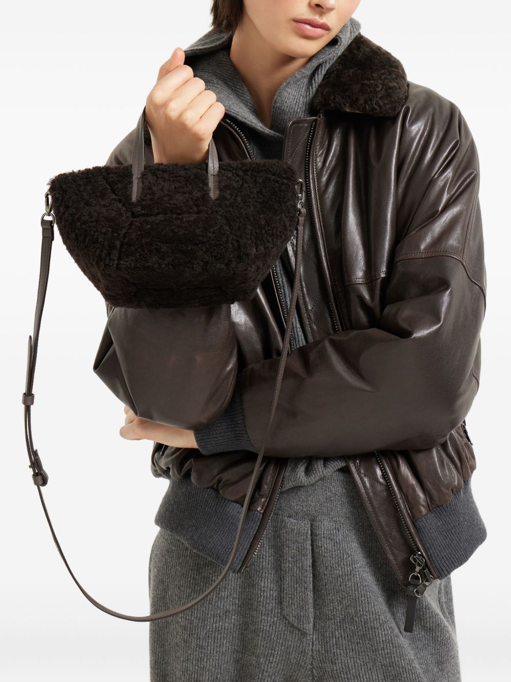 BRUNELLO CUCINELLI Luxurious Shearling Top Handle Shopping Handbag