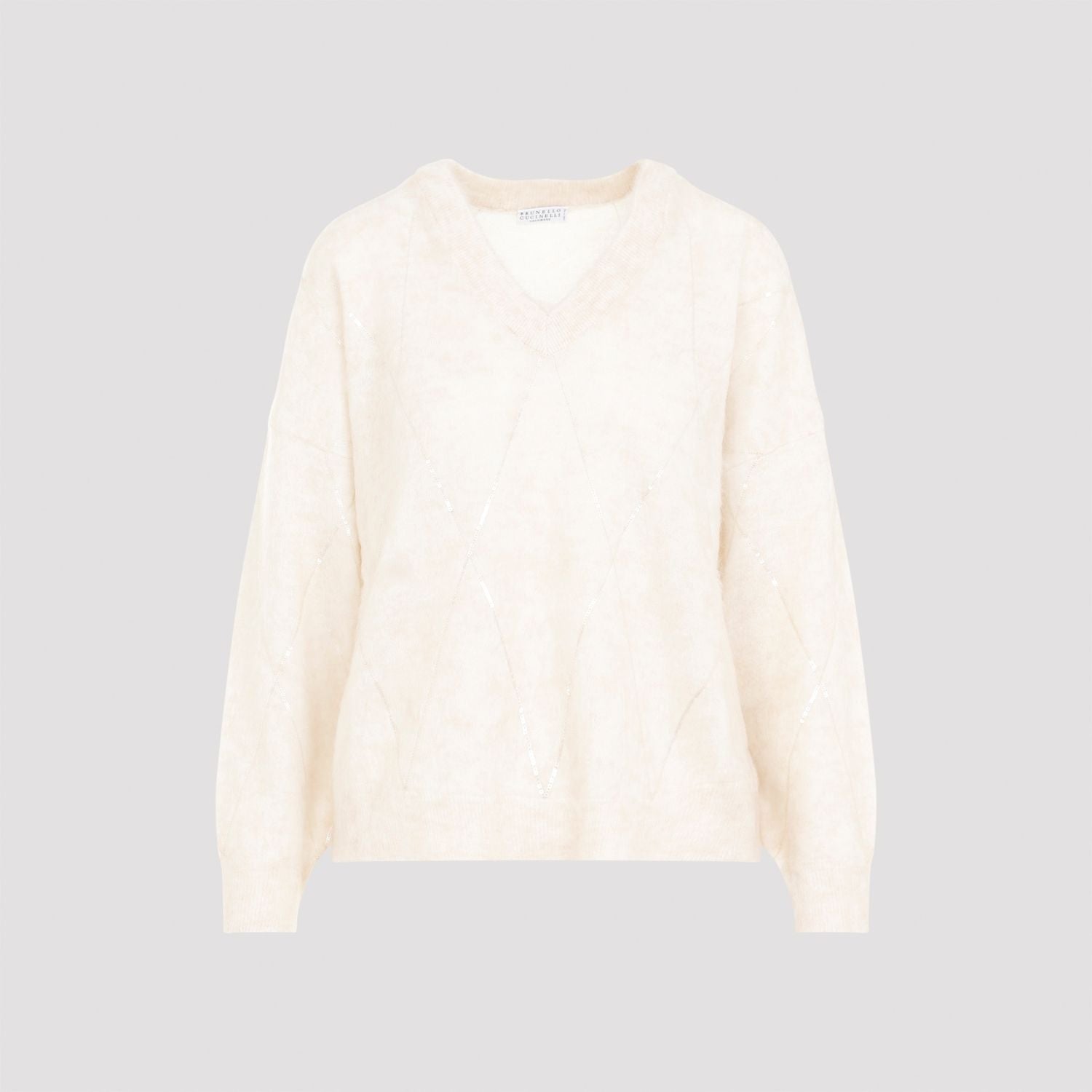 BRUNELLO CUCINELLI Dazzling Argyle Embroidered Sweater with V-Neckline and Dropped Shoulders for Women
