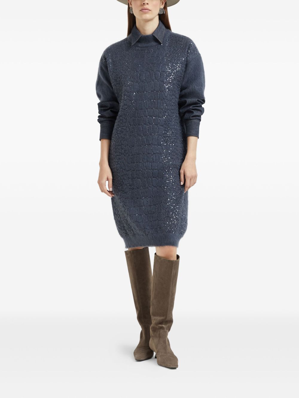 BRUNELLO CUCINELLI Wool Turtle-Neck Dress with Sequin Embellishment