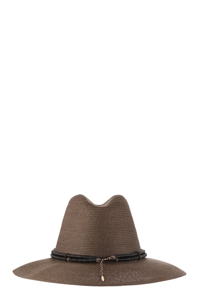 BRUNELLO CUCINELLI Women's Fedora Hat Made of Hemp and Techno Cotton with Leather Band and Necklace