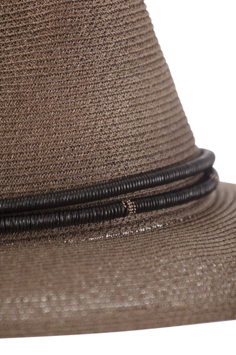 BRUNELLO CUCINELLI Women's Fedora Hat Made of Hemp and Techno Cotton with Leather Band and Necklace