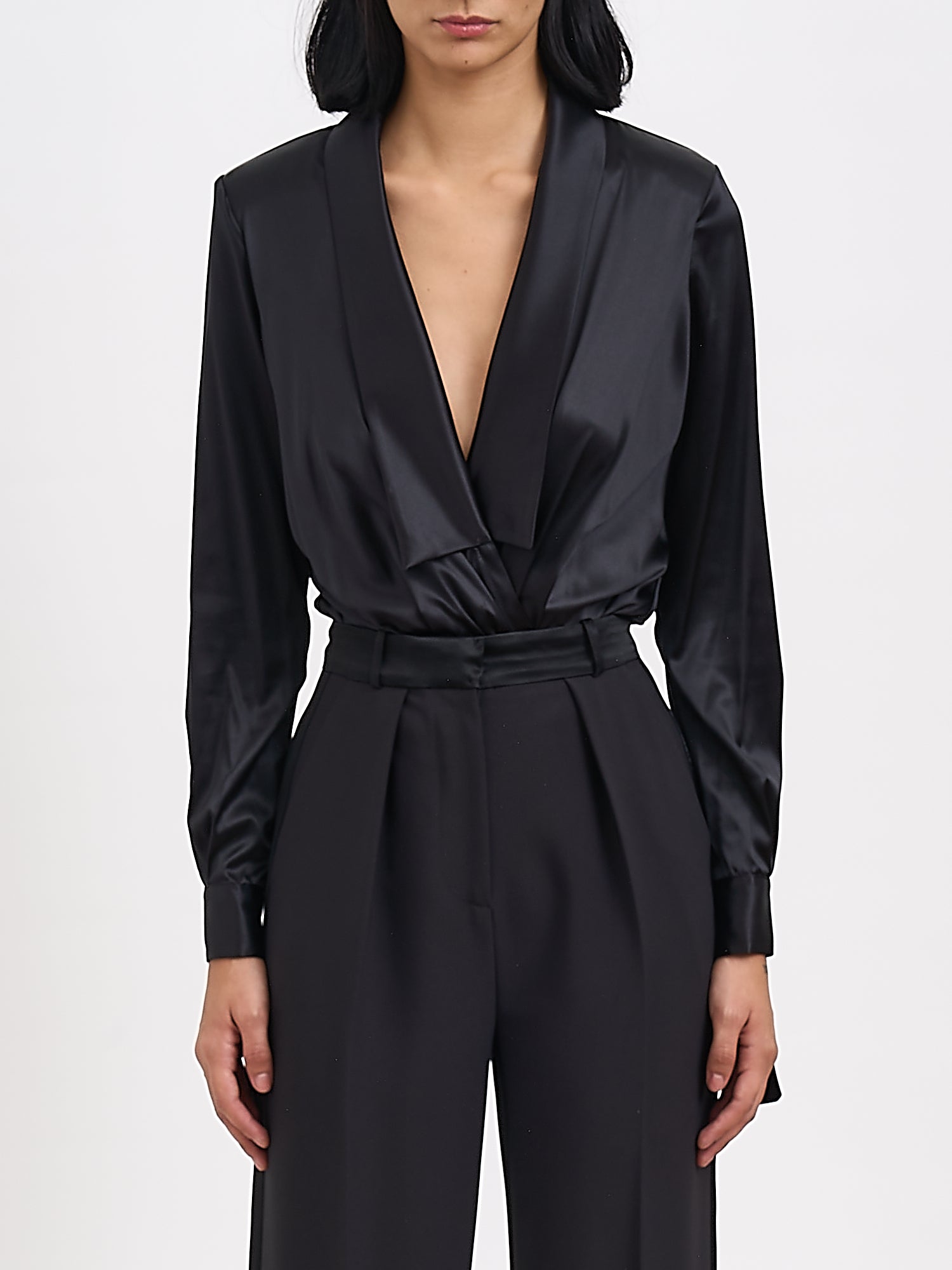 ELISABETTA FRANCHI Silk Satin Mini Bodysuit with Padded Shoulders - Size 40