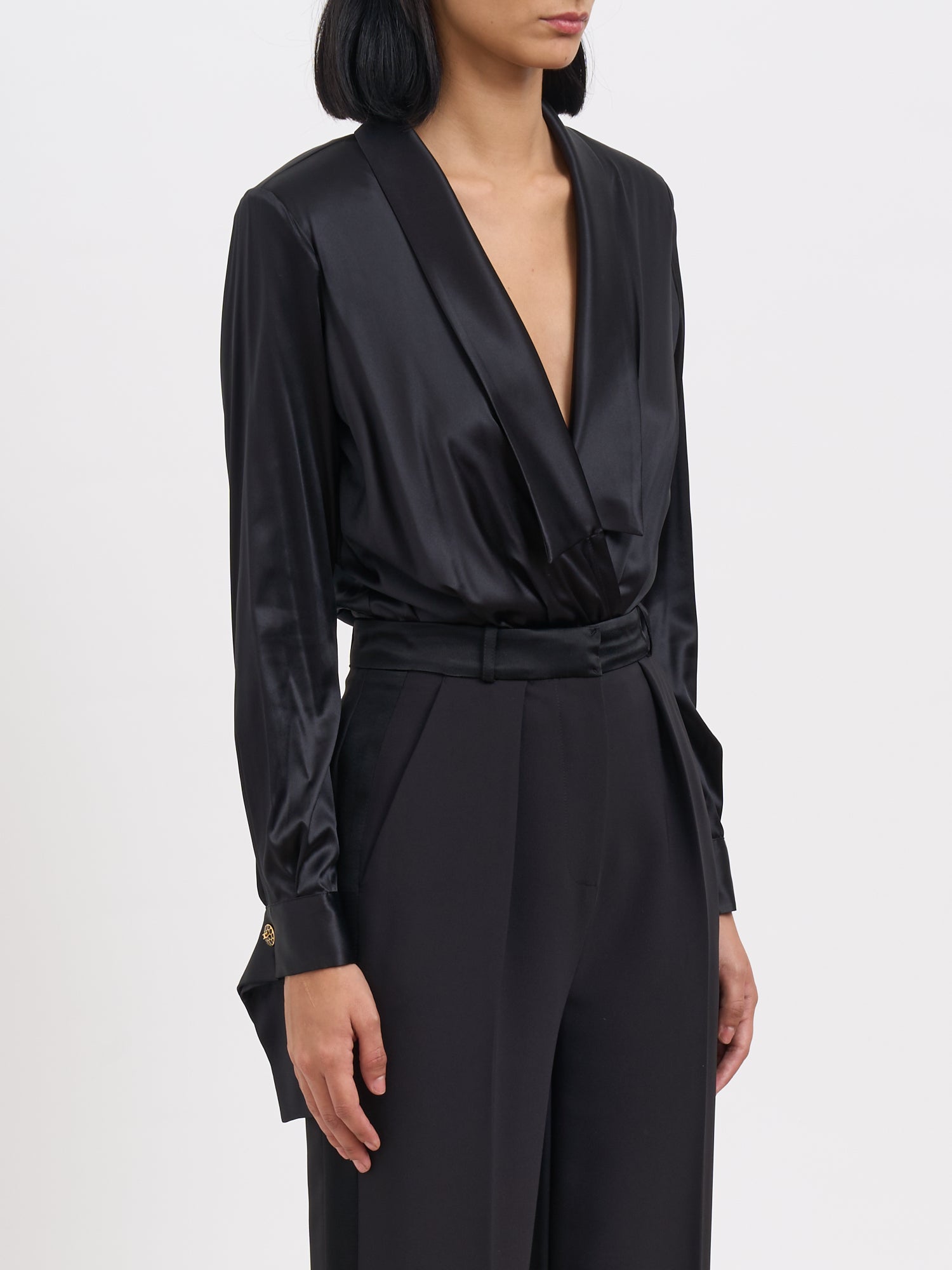 ELISABETTA FRANCHI Silk Satin Mini Bodysuit with Padded Shoulders - Size 40