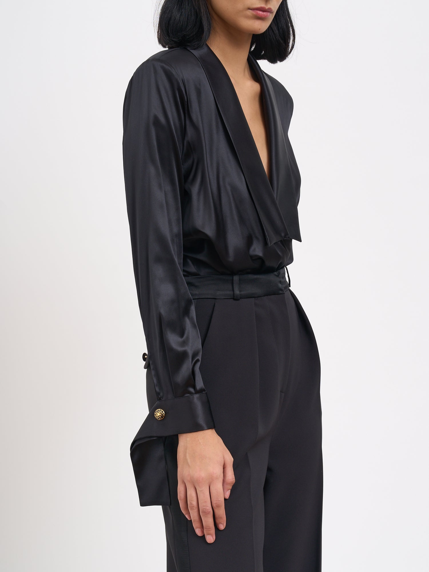 ELISABETTA FRANCHI Silk Satin Mini Bodysuit with Padded Shoulders - Size 40