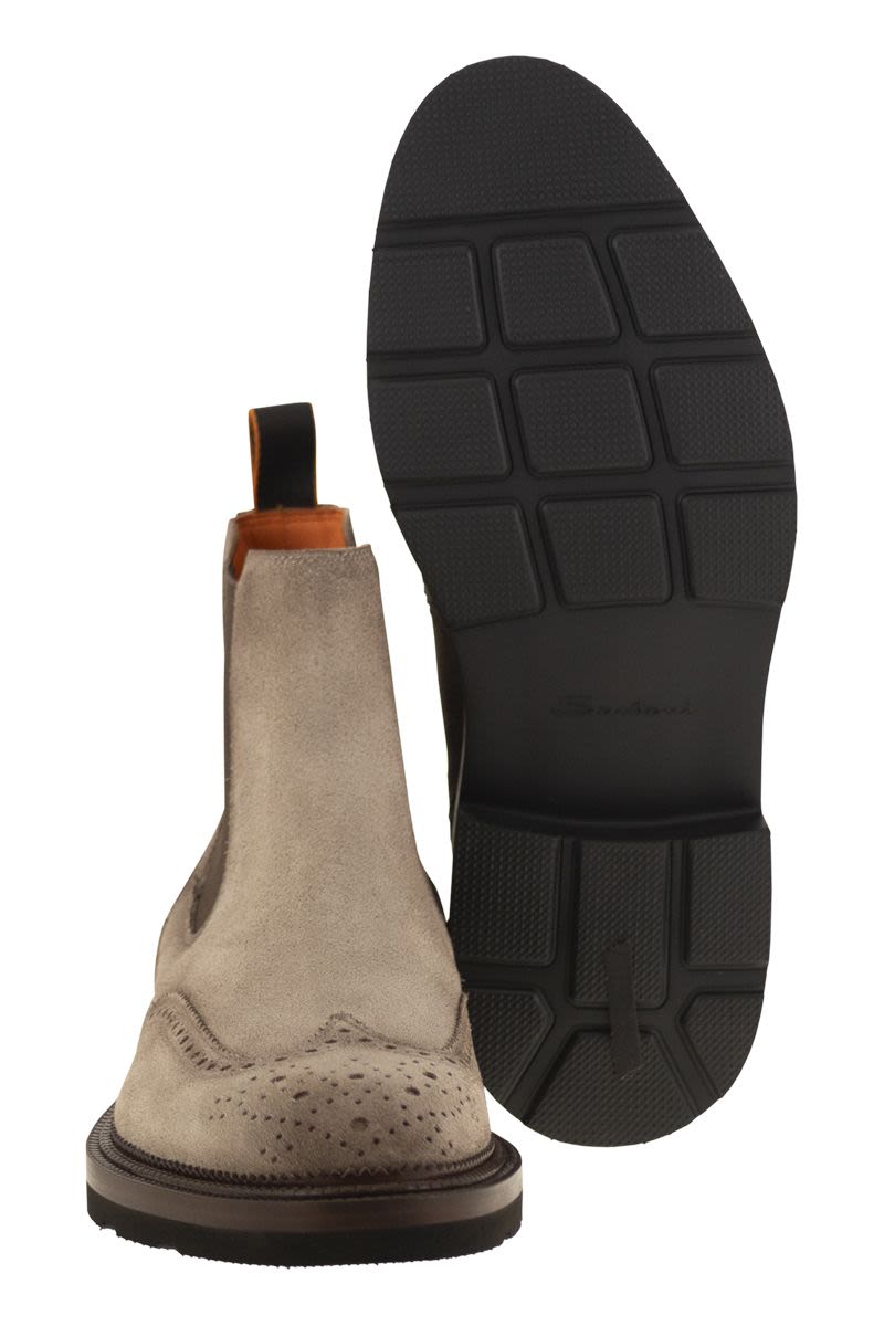 SANTONI Men's Chelsea Brogue Suede Ankle Boots - 3.5 cm Heel