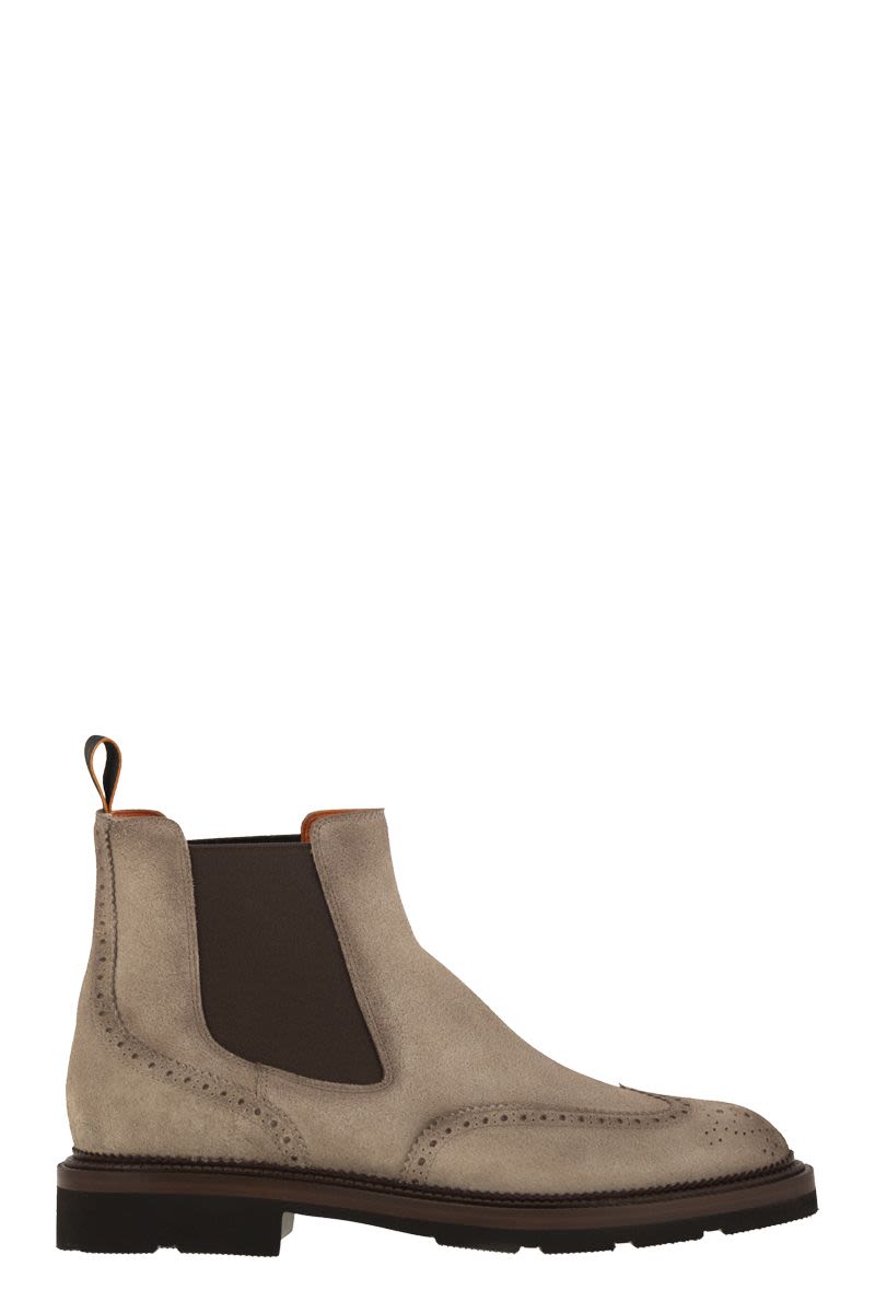 SANTONI Men's Chelsea Brogue Suede Ankle Boots - 3.5 cm Heel