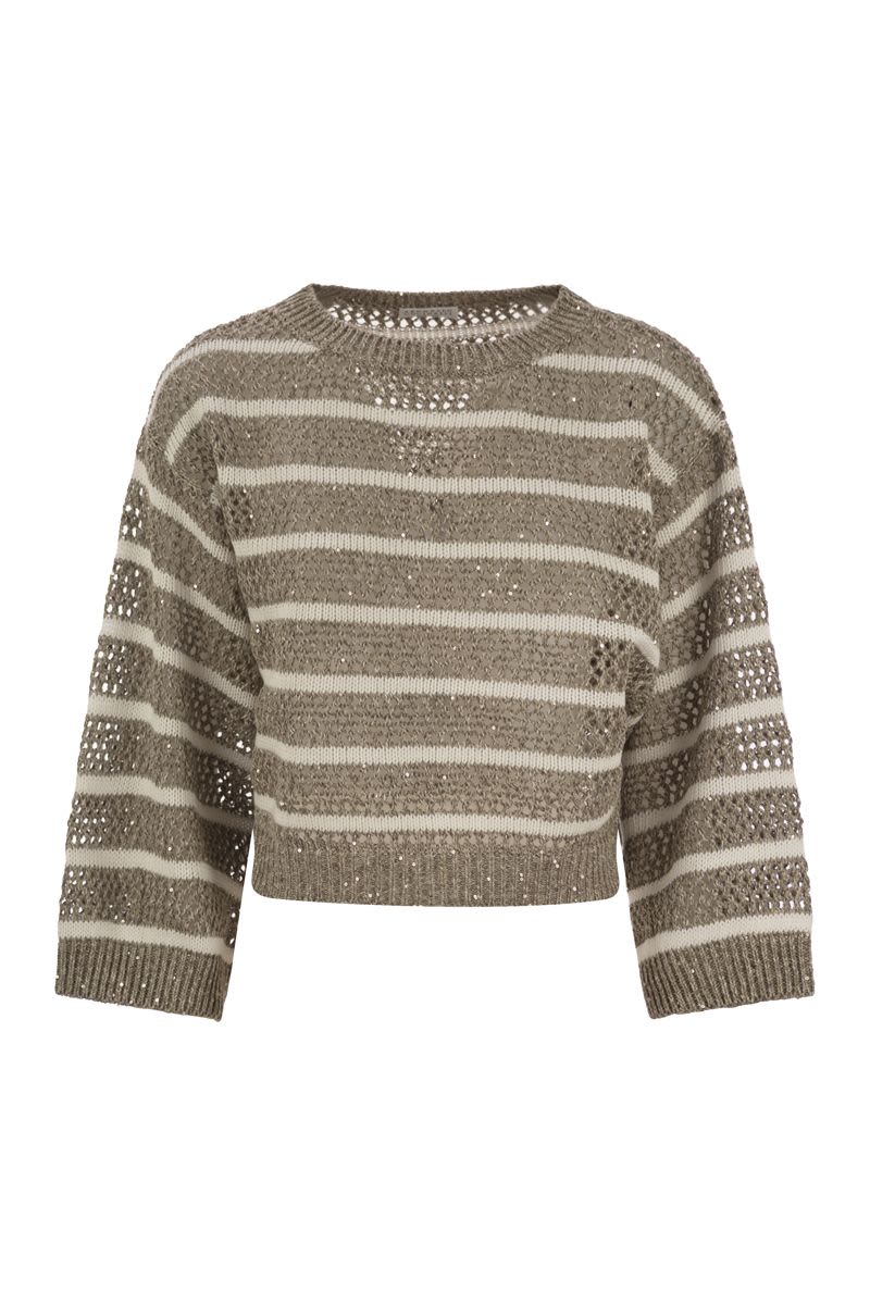 BRUNELLO CUCINELLI Dazzling Striped Net Linen T-Shirt - Womens