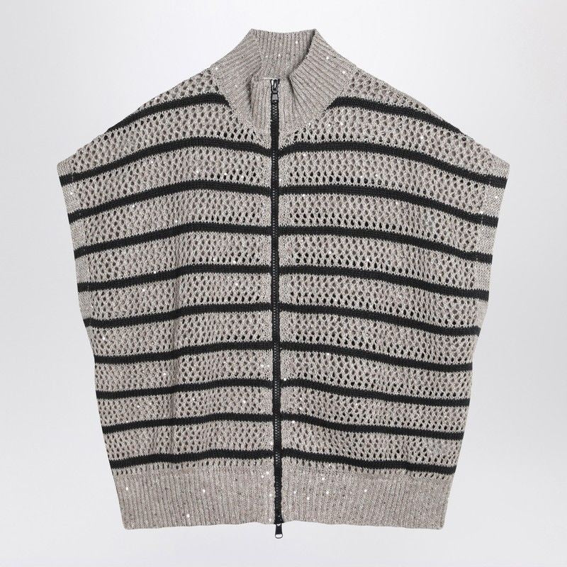 BRUNELLO CUCINELLI Striped Mesh Cardigan in Linen Blend