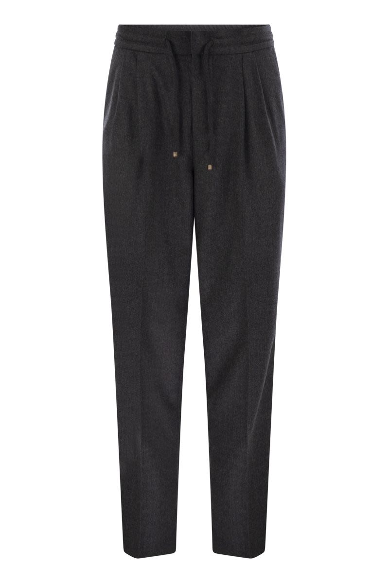 BRUNELLO CUCINELLI Leisure Fit Trousers in Virgin Wool Flannel with Drawstring and Double Darts