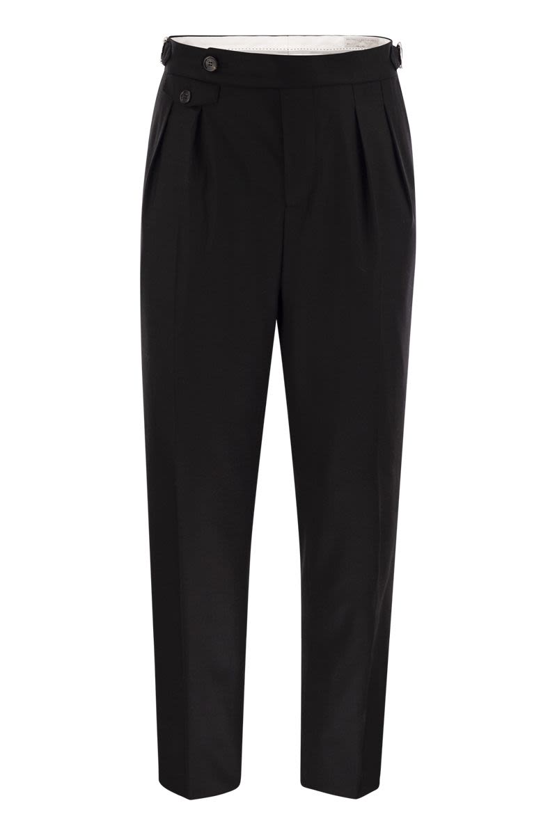 BRUNELLO CUCINELLI Tailor-Fit Virgin Wool Canvas Trousers with Double Inverted Darts and Side Buckles