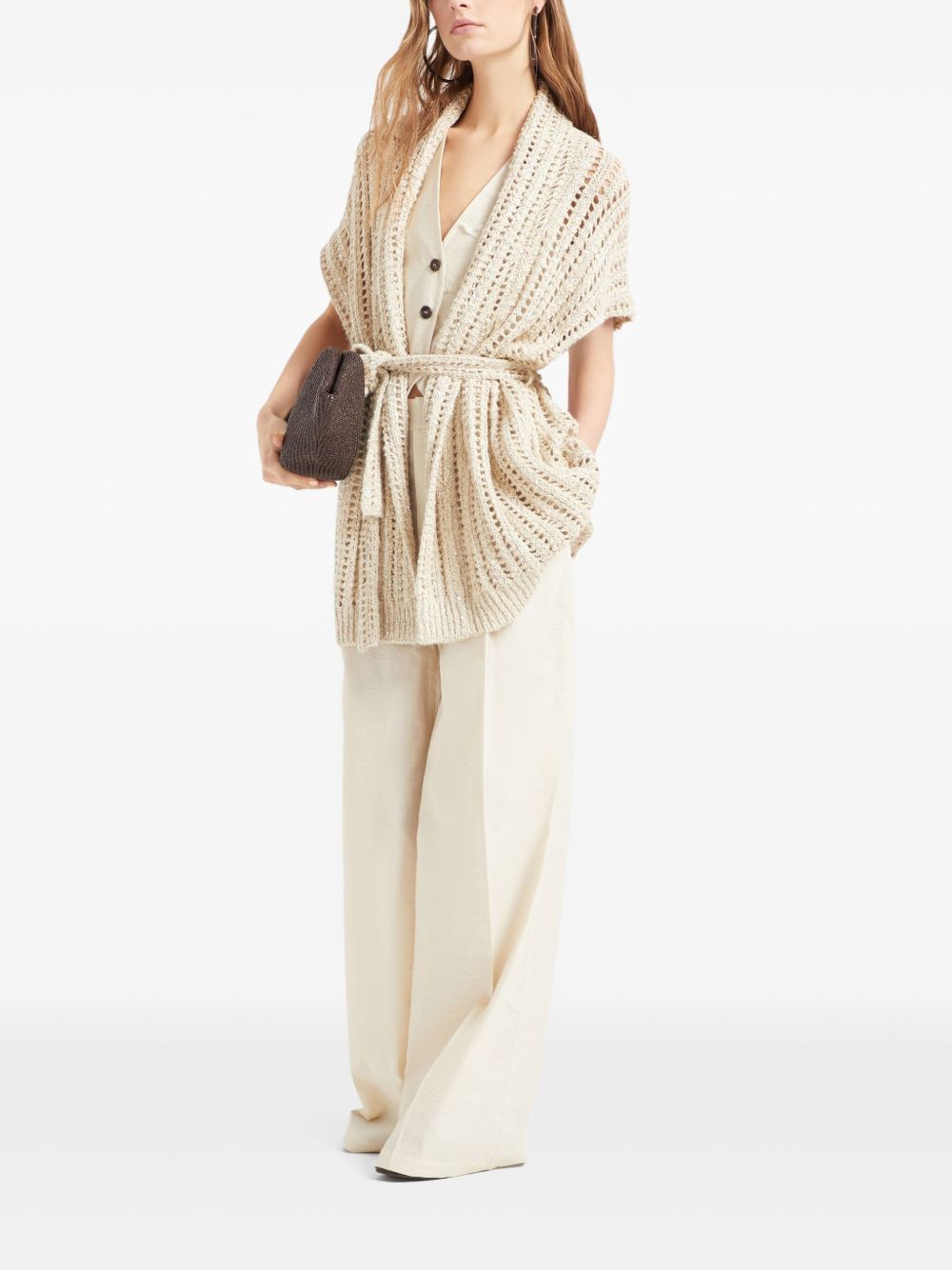 BRUNELLO CUCINELLI Dazzling Silk and Linen Perforated Rib Cardigan