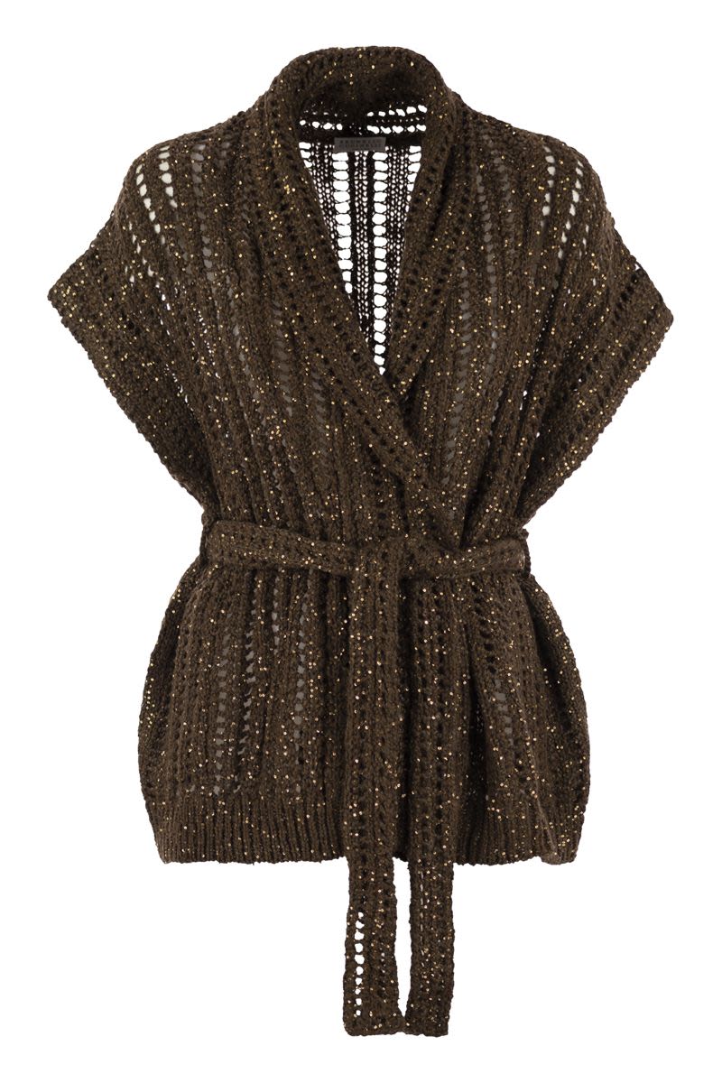BRUNELLO CUCINELLI Dazzling Silk and Linen Perforated Rib Cardigan
